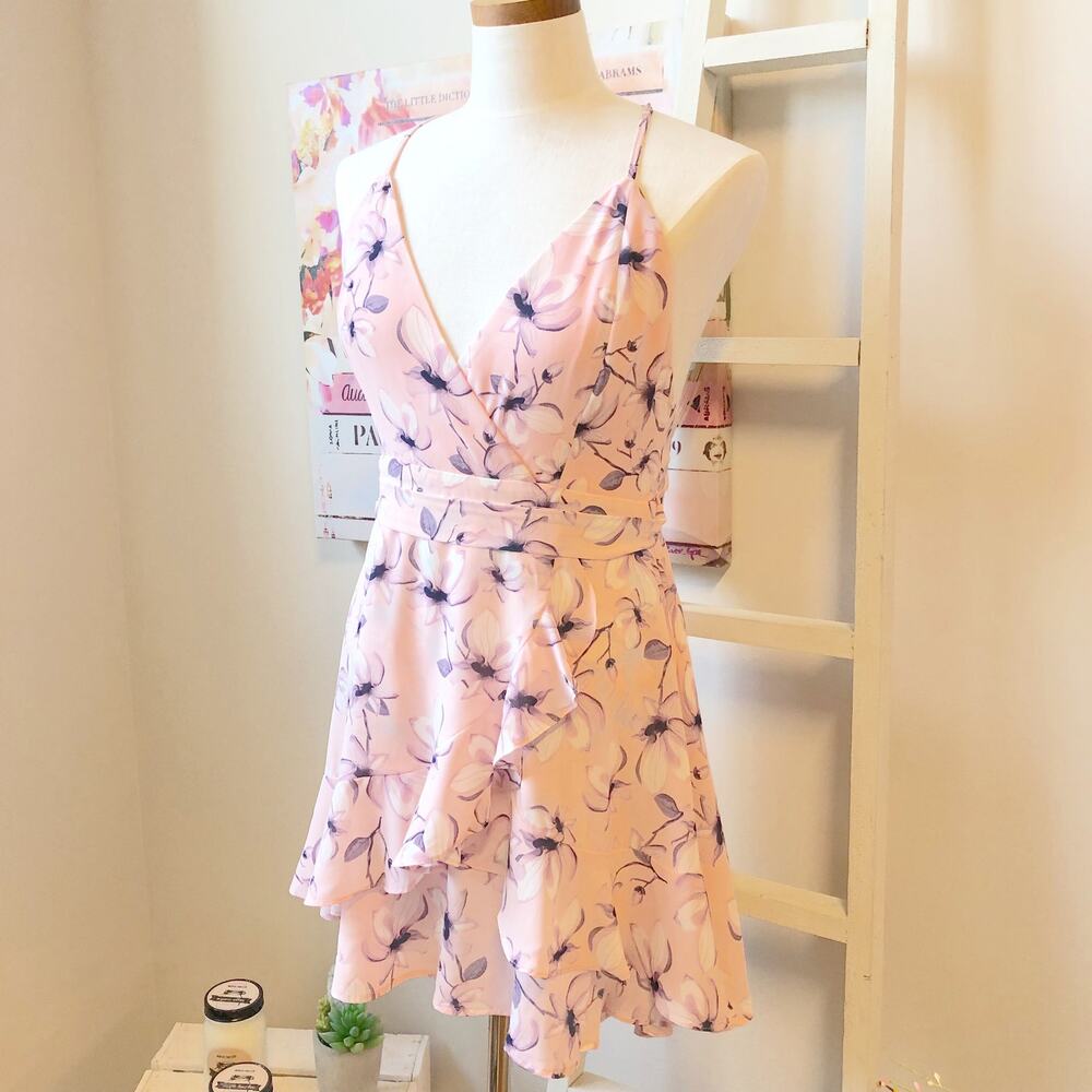 Pink Floral Wrap Mini Dress Spaghetti Strap Flowy Skater Dress Women's Large - Picture 4 of 5